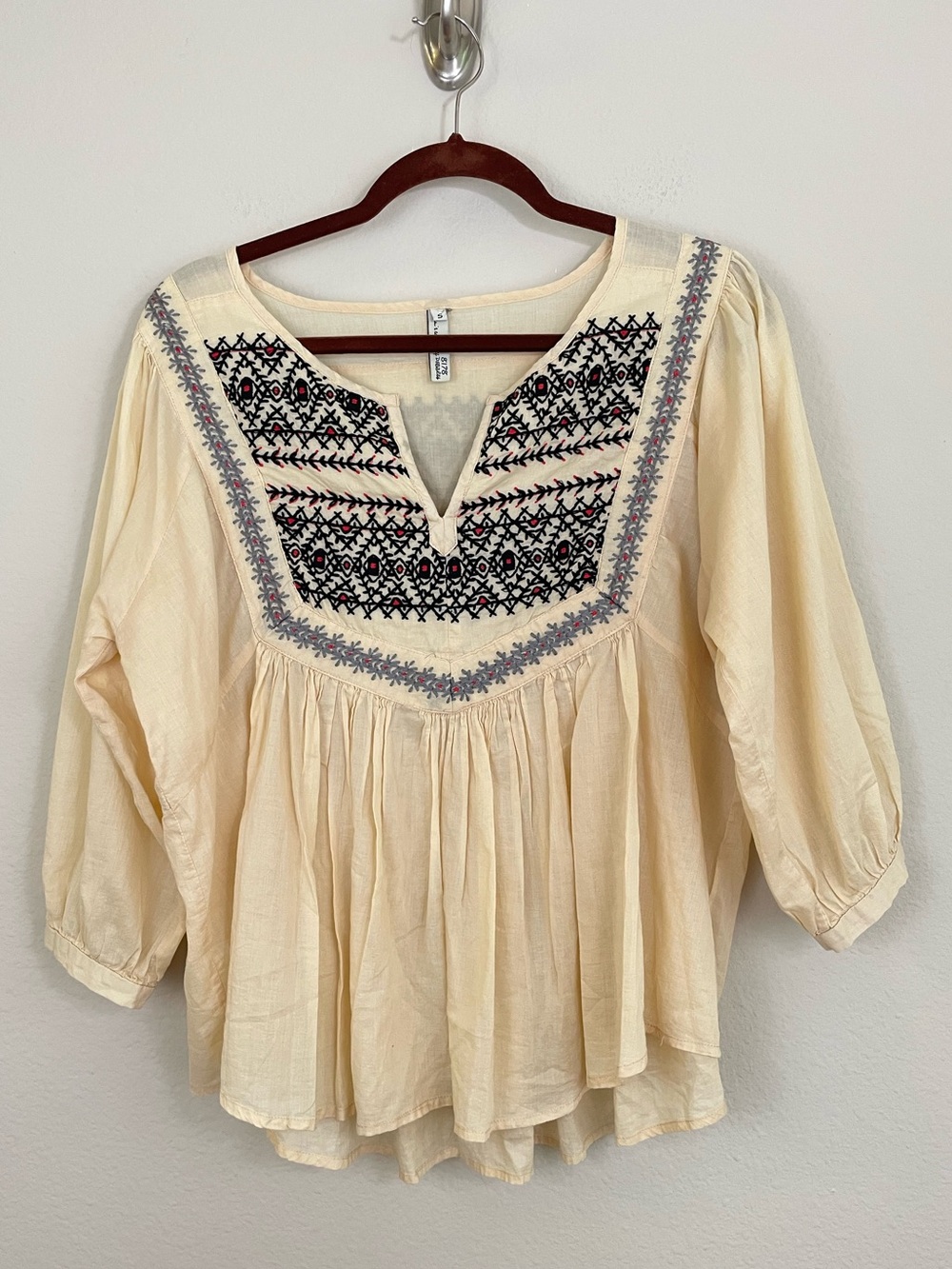 Boho Embroidered Peasant Top Balloon Sleeves Flowy Size S Butter Yellow